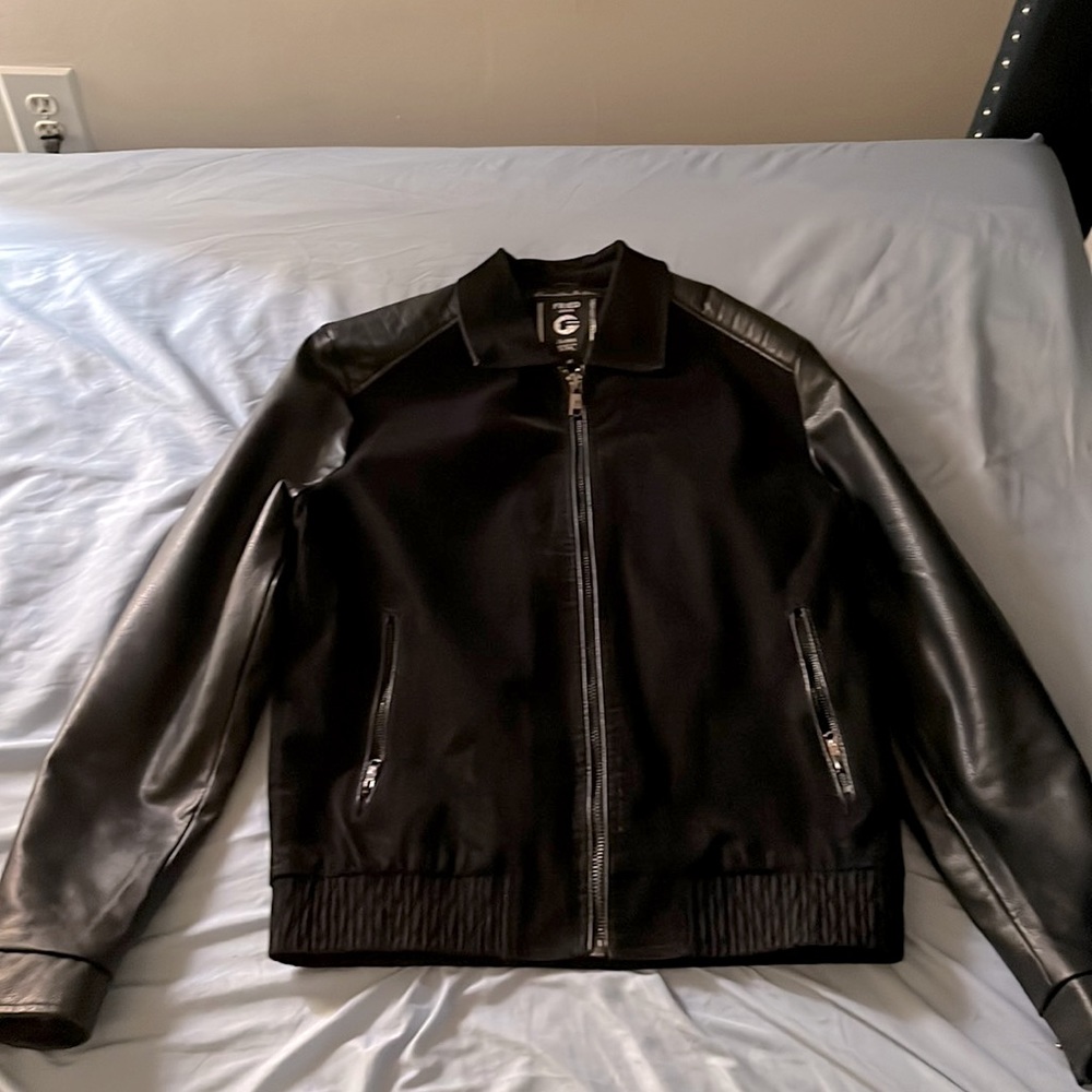 Denim all black leather jacket